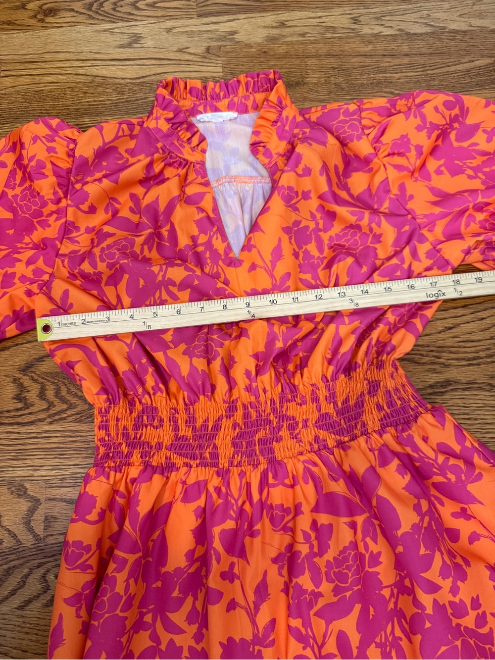 THML Orange and Pink Floral Smocked Waist Mini Dress Sz L - Picture 6 of 11